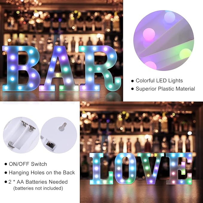 Foaky Colorful LED Letter Lights with Remote,Marquee Light Up Letters Sign for Night Light Wedding/Birthday Party Battery Powered Christmas Lamp Home Bar Decoration(U)