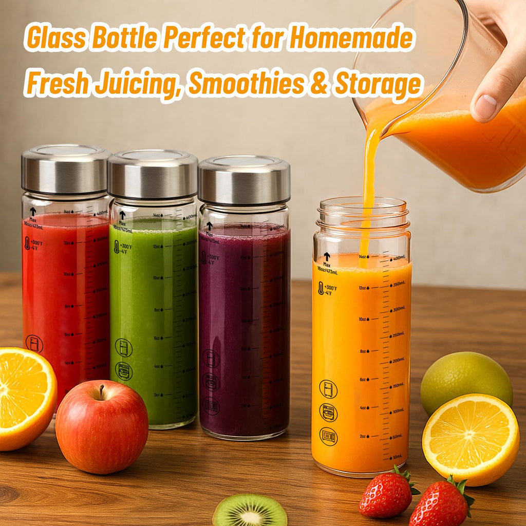 Luxfuel 12 oz Glass Juice Bottles with Lids, 4 Pack Wide Mouth Glass Bottle