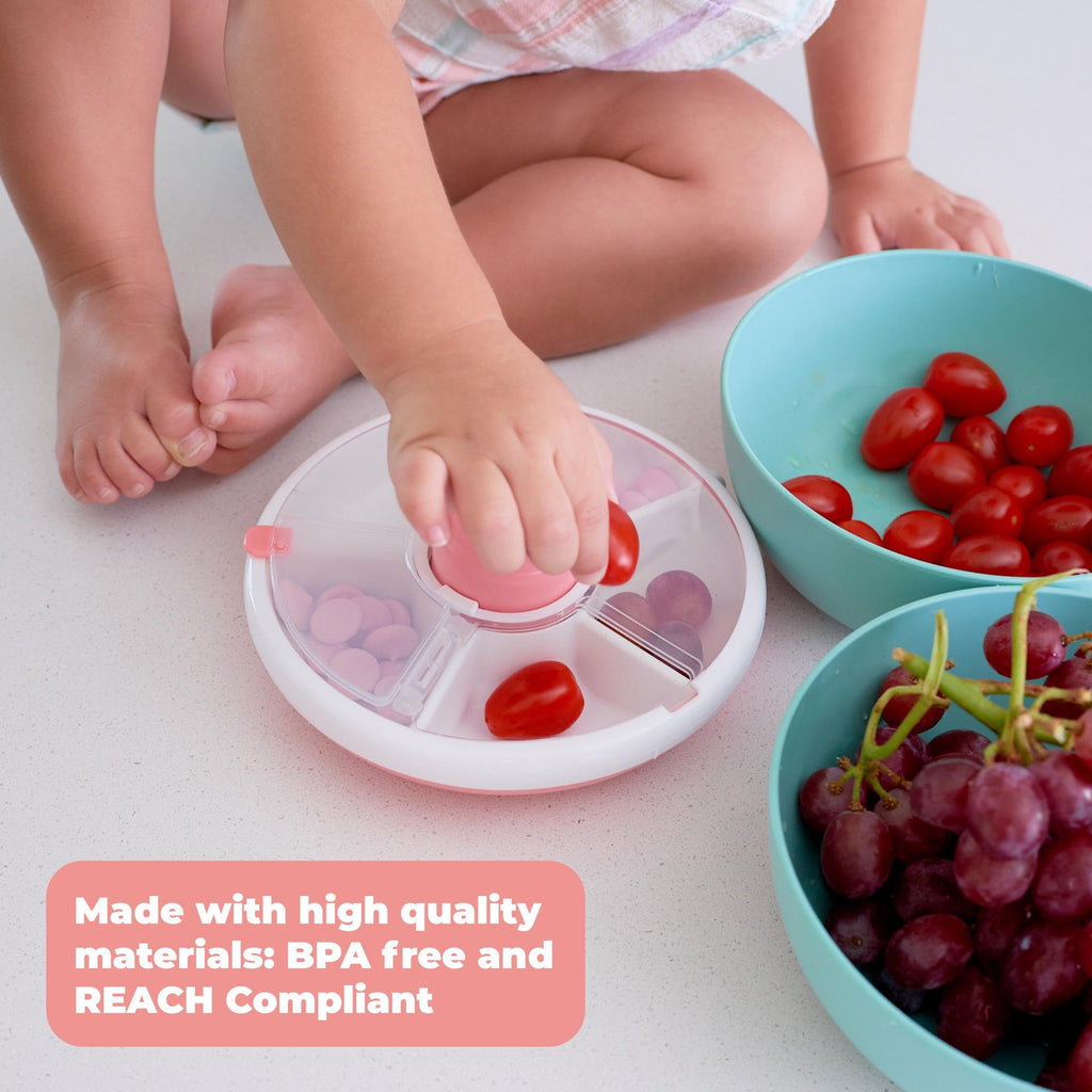 GoBe Kids Small Snack Spinner Flip Bundle with Hand Strap and Sticker Sheet - Reusable Snack Container with 5 Compartment Dispenser and Lid | BPA/PVC Free | Dishwasher Safe | No Spill - Coral Pink