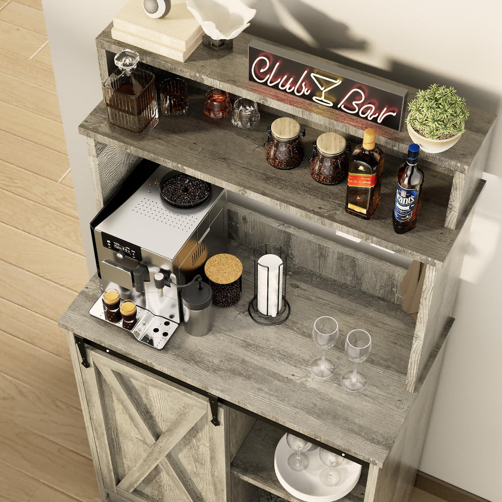 BestHaped Farmhouse Coffee Bar with 3 Tier Storage Hutch, 56 Inch Small Coffee Station with 6 Hooks, Corner Bar Table with Adjustable Shelves for Living Dining Room (Grey)