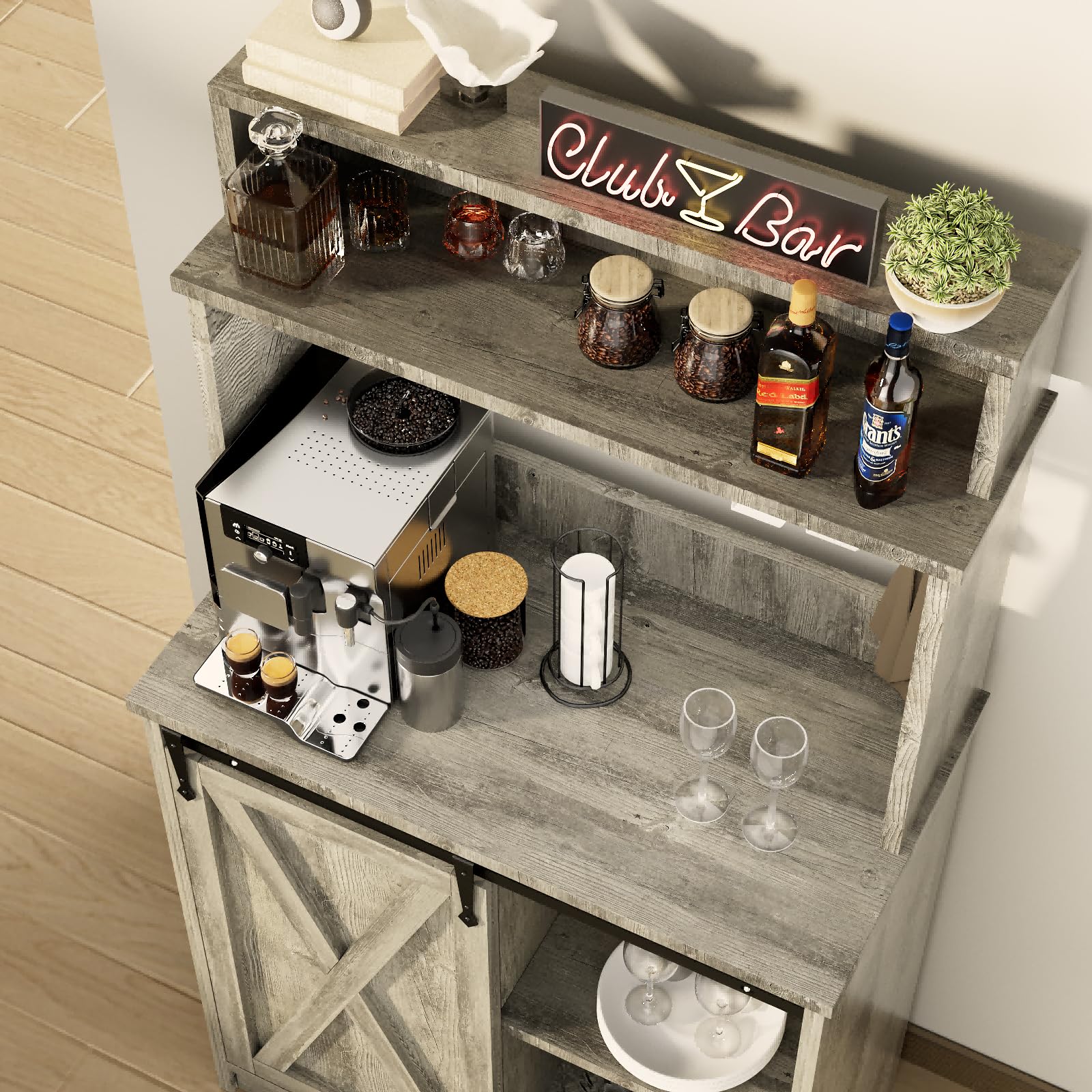 BestHaped Farmhouse Coffee Bar with 3 Tier Storage Hutch, 56 Inch Small Coffee Station with 6 Hooks, Corner Bar Table with Adjustable Shelves for Living Dining Room (Grey)