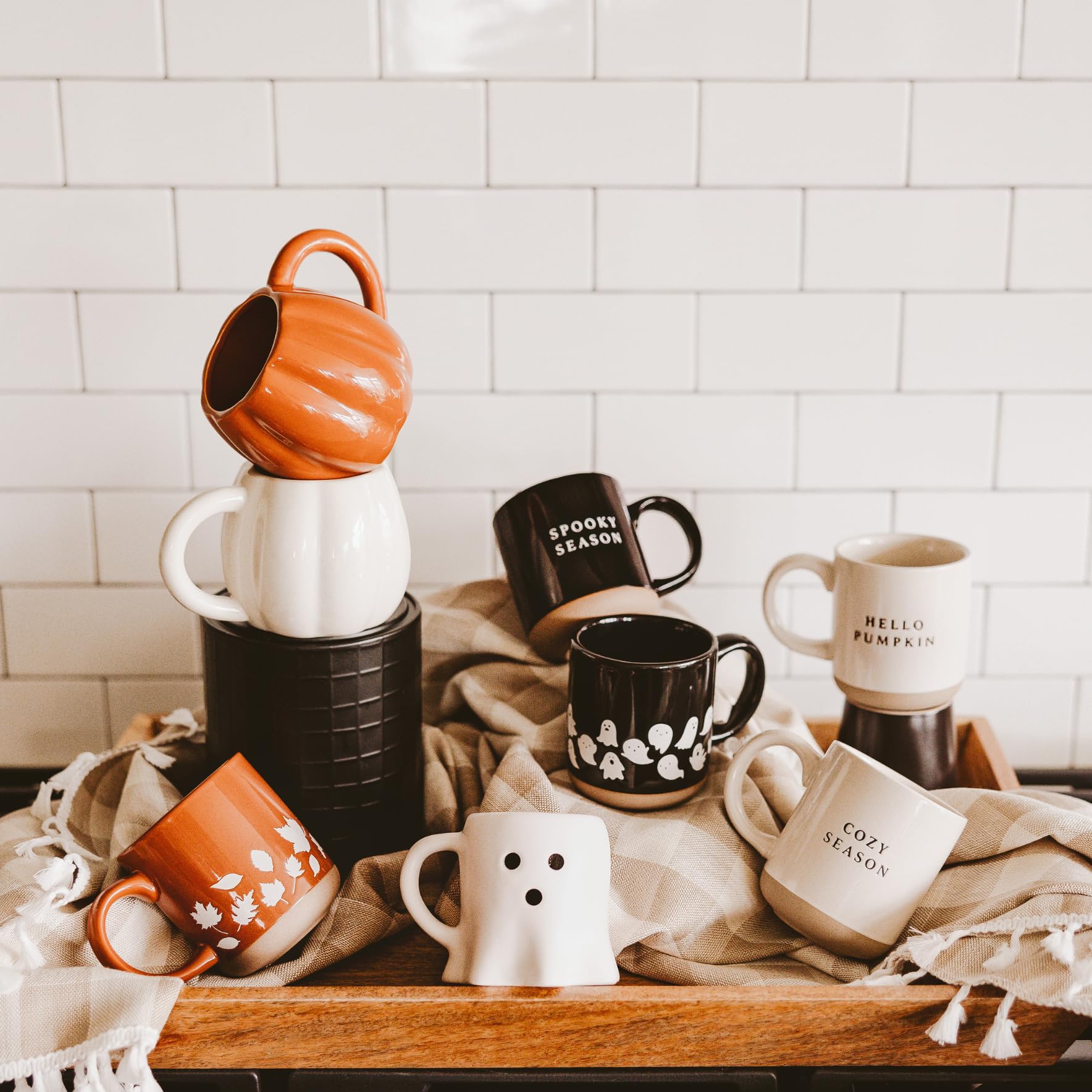 Sweet Water Decor White Ghosts Black Halloween Mugs, 14 oz - Halloween Coffee Mug Dishwasher & Microwave Safe - Fall Mug for Coffee & Hot Cocoa or Seasonal Brew - Black Stoneware Ghost Mugs