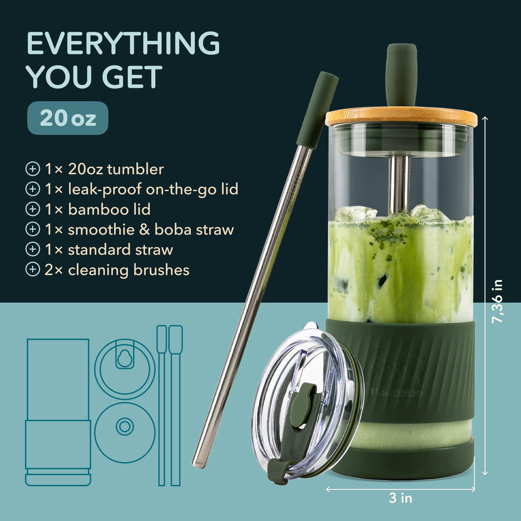 Pandaloo® Glass Cups With Lids and Straws -20 Fl Oz- Perfect Size Iced Coffee Cup - Smoothie Cup With Bamboo Lid and On the go Lid - Glass Tumbler With Straw (1 Count (Pack of 1), Mediterranean Olive)