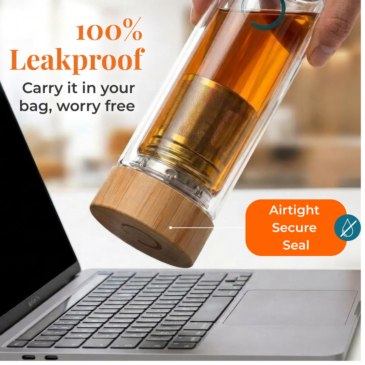 Pure Zen Tea Glass Tea Infuser Bottle, Leakproof, Tea Tumbler with Infuser
