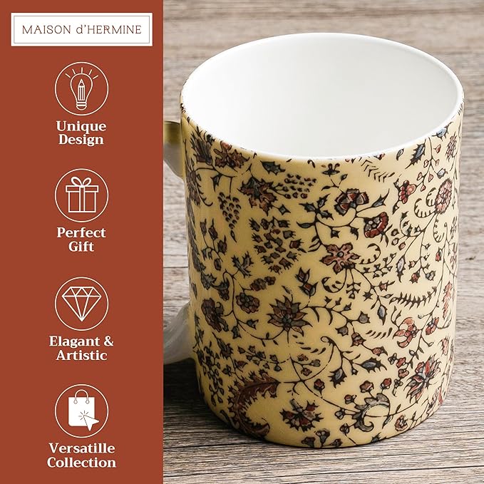 Maison d' Hermine Coffee Mug with Handles Fine Bone China Mugs Pack of One Tea Cups for Hot Beverages Cappuccino Latte Home Restaurant Office Perfect for Gift (Lakshmi - Daya, 12 Ounce)