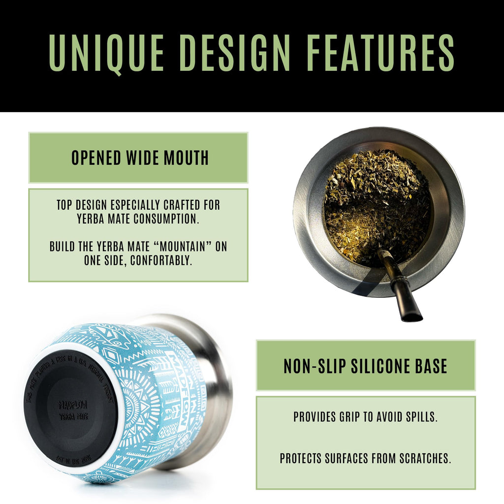 MADFLOW Yerba Mate Cup. Stainless Steel Mate Cup with 2 Bombillas. Double Wall Vacuum Insulated Yerba Mate Gourd. Unique Mate Cup And Bombilla Set