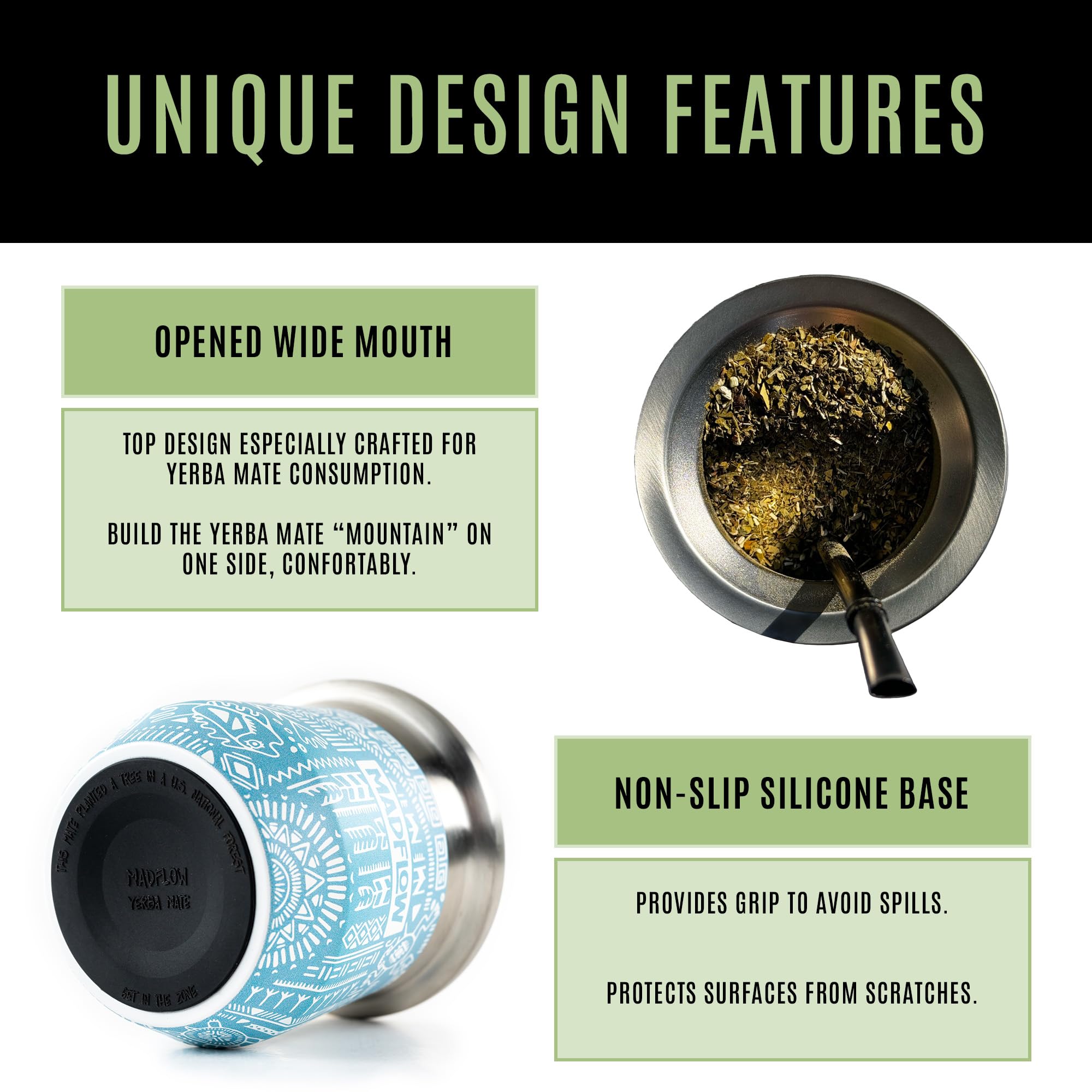 MADFLOW Yerba Mate Cup. Stainless Steel Mate Cup with 2 Bombillas. Double Wall Vacuum Insulated Yerba Mate Gourd. Unique Mate Cup And Bombilla Set