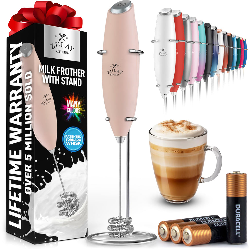 Zulay Kitchen Powerful Milk Frother Wand With Duracell Batteries - Ultra Fast Handheld Drink Mixer - Electric Whisk Foam Maker for Coffee, Lattes, Cappuccino & Matcha - Triple Whisk - Peach Pink