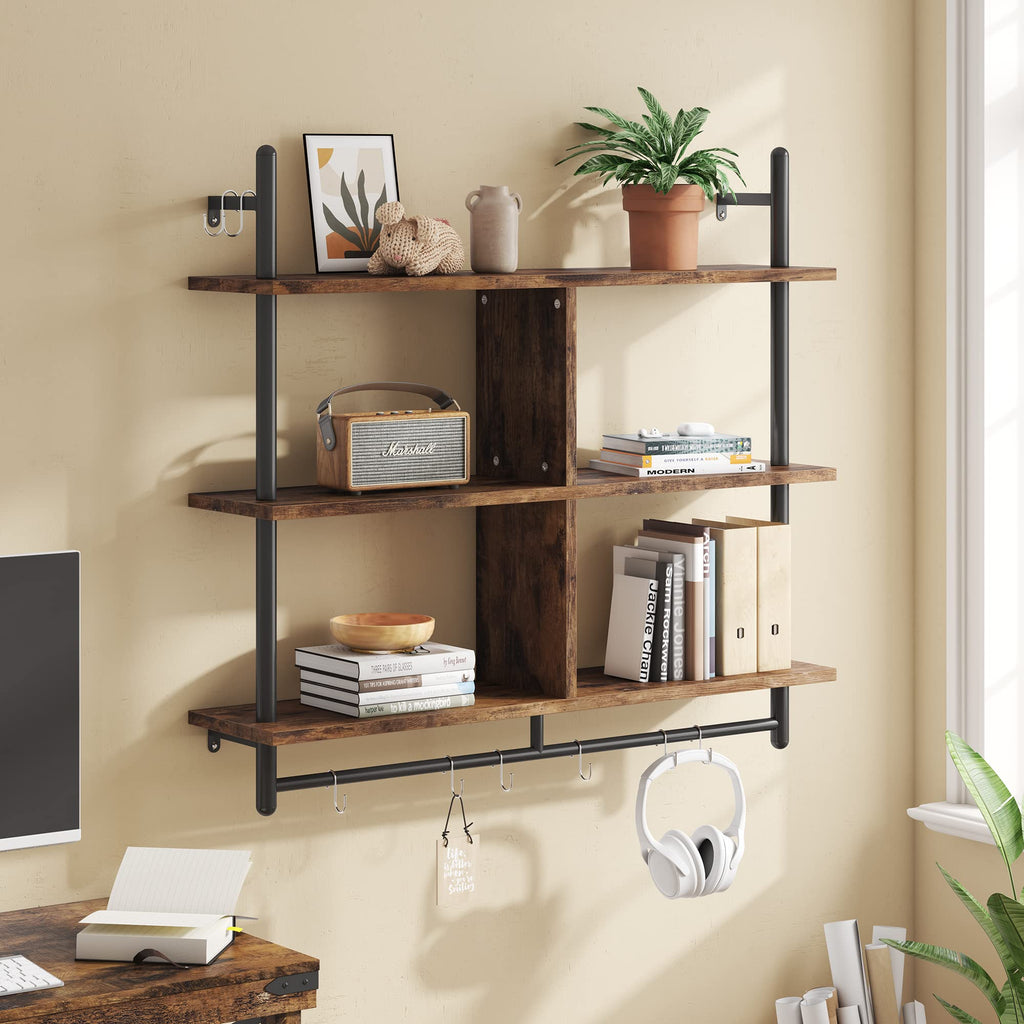 Bestier 41.5" Floating Shelves for Wall 3 Tier Kitchen Shelves Wall Mounted Coffee Bar Shelf Hanging Shelf with 8 Hooks, Industrial Display Pipe Shelving for Kitchen Living Room Bathroom, Rustic Brown
