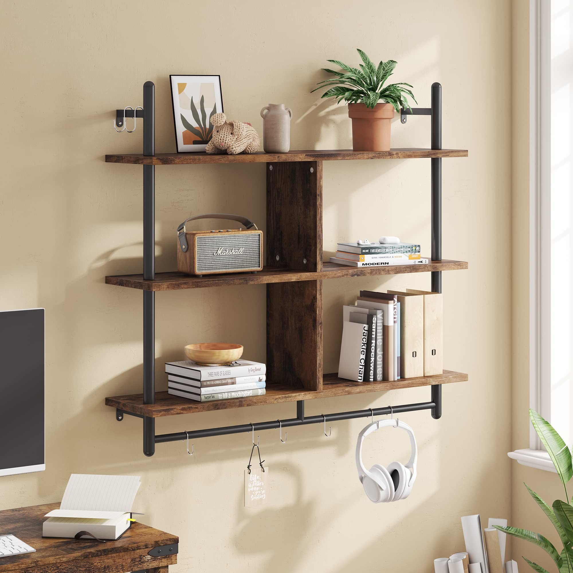 Bestier 41.5" Floating Shelves for Wall 3 Tier Kitchen Shelves Wall Mounted Coffee Bar Shelf Hanging Shelf with 8 Hooks, Industrial Display Pipe Shelving for Kitchen Living Room Bathroom, Rustic Brown
