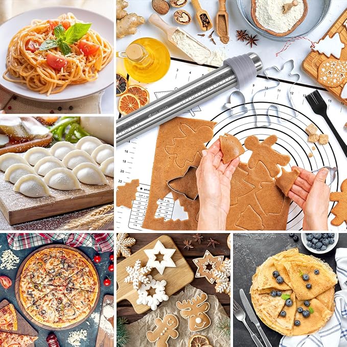 Rolling Pin and Silicone Pastry Mat Set, Adjustable Stainless Steel Dough Roller Pin with Silicone Brush for Pizza, Pie, Cookie, Pasta and Bread (Grey, 16.1 '')