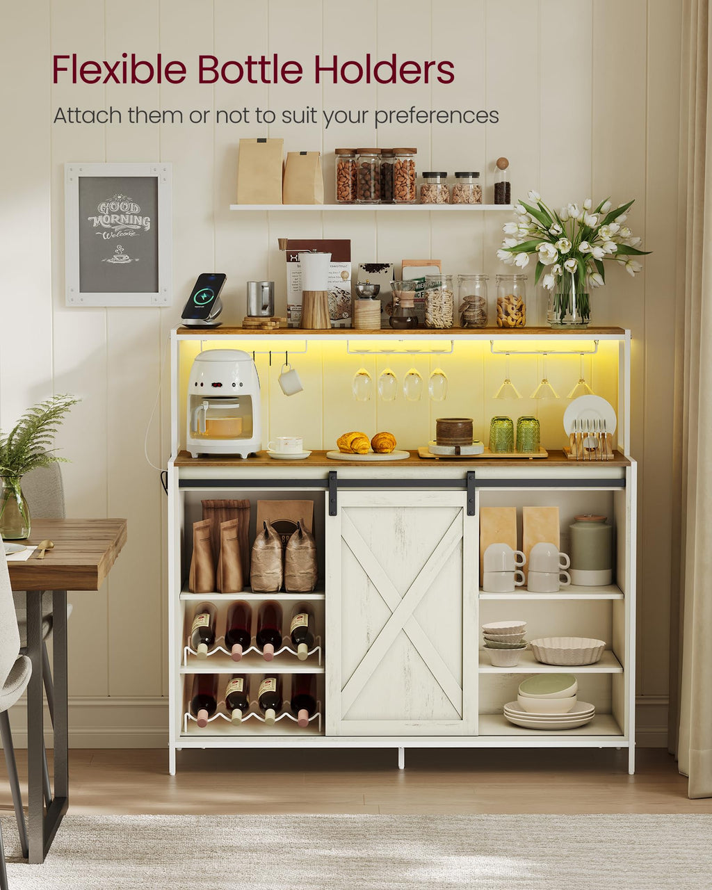 VASAGLE Coffee Bar Cabinet with Power Outlet and Voice Control LED Light, Buffet Cabinet with Sliding Barn Doors, S Hooks, Wine Glass Racks, Bottle Holders, Rustic White and Honey Brown ULSC201W01