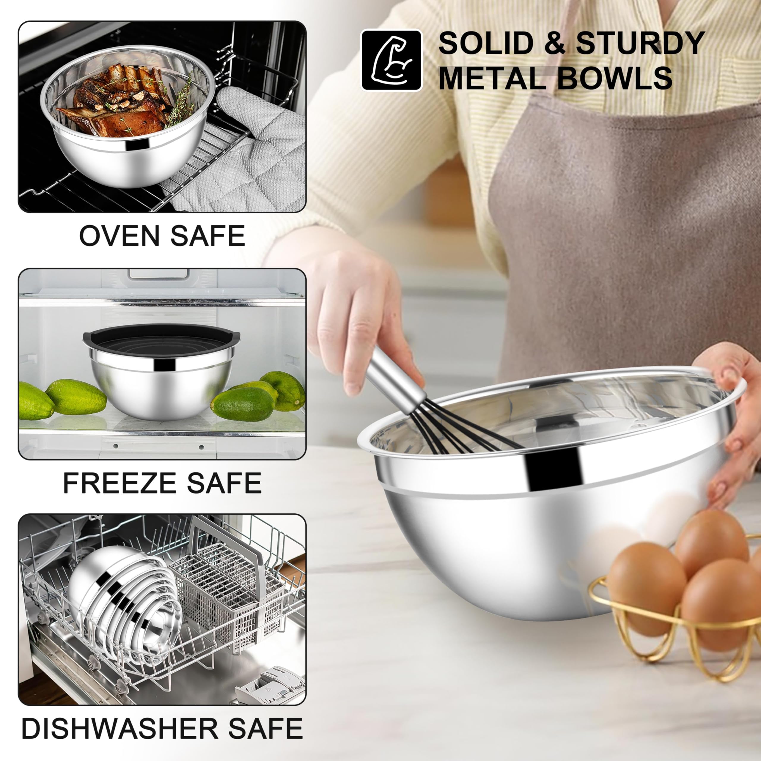 E-far Mixing Bowls with Lids Set, 21PCS Stainless Steel Salad Mixing Bowls with 3 Grater Attachments, Size 7, 4.6, 3.5, 2.6, 2, 1.5, 1QT, Nesting Design & Black Airtight Lid, For Baking/Prepping