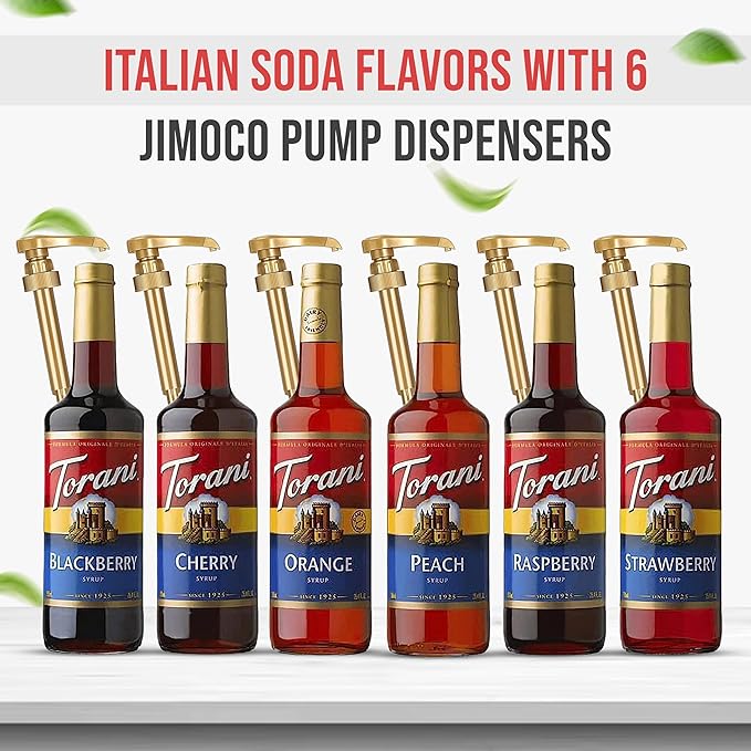 Jimoco Syrup Pump & Torani Syrup Bundle - Fruit Bowl Syrup 6 Pack Summer Flavors, Raspberry, Strawberry, Blackberry, Cherry, Orange and Peach - For Italian Soda Coffee, Lattes, Frappes With 6 Pump Dispensers