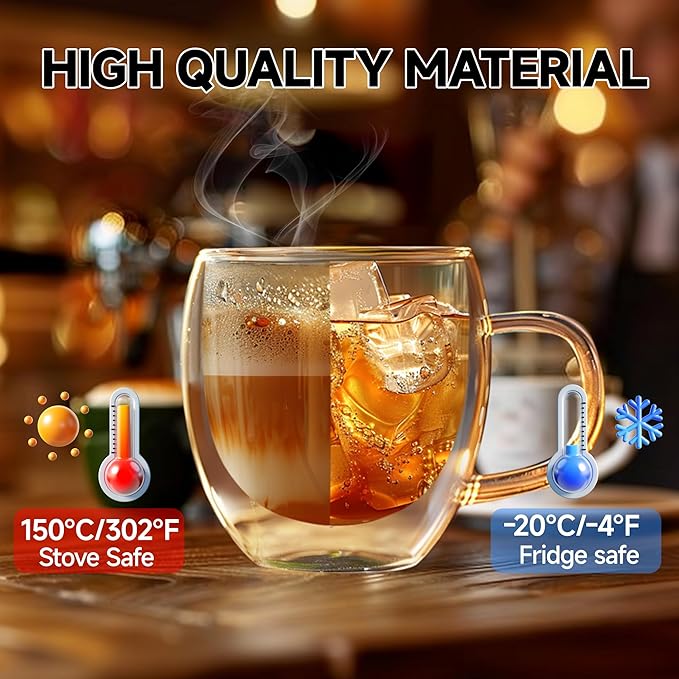 Set of 2 Double Walled Glass Coffee Mugs 6 Ounces Insulated Layer Coffee Cups with Handle Borosilicate Glass Espresso Cup for Hot Beverage,Cappuccino,Tea,Latte,Wine,Microwave Safe