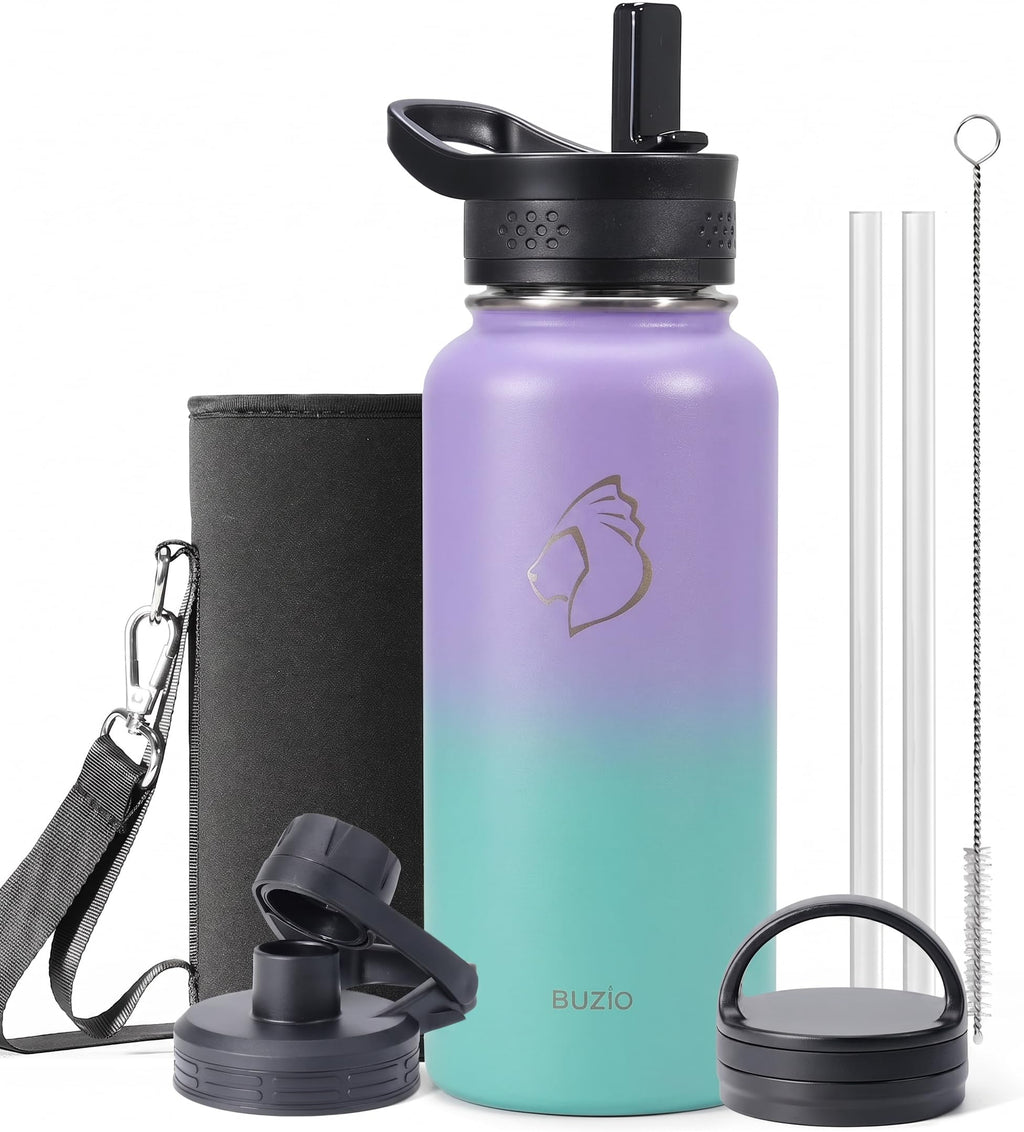 BUZIO 32 oz Water Bottle Insulated with Straw & 3 Lids (Cold for 48 Hrs)