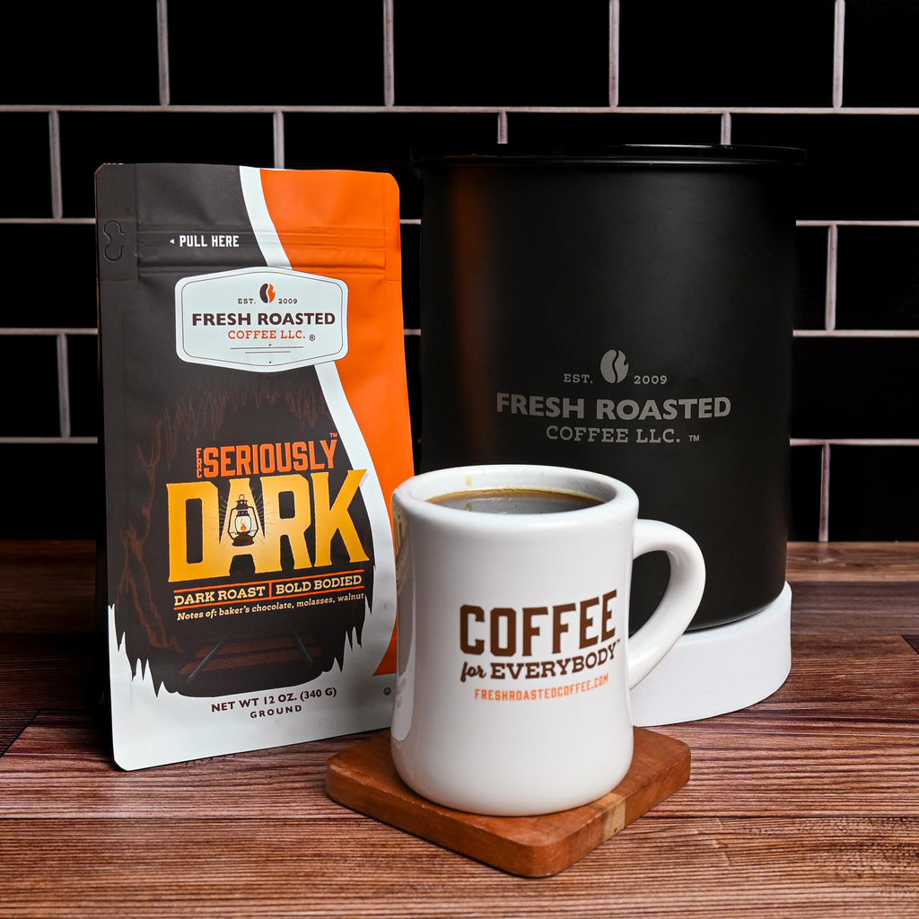 Fresh Roasted Coffee, Seriously Dark Artisan Blend Drip Ground Coffee, Dark Roast, Kosher, 12 oz