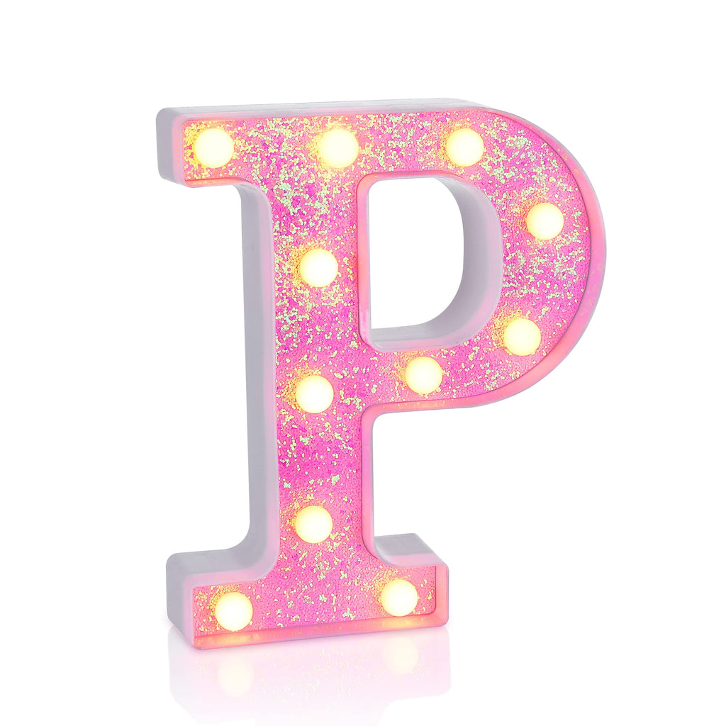 Foaky Pink Light up Letters，Pink Party Decorations,Girls Room Decor,Glitter Light Up Letters,Alphabet Letter Sign for Night Light Birthday Party Girls Gifts, Home Bar Decoration（P）