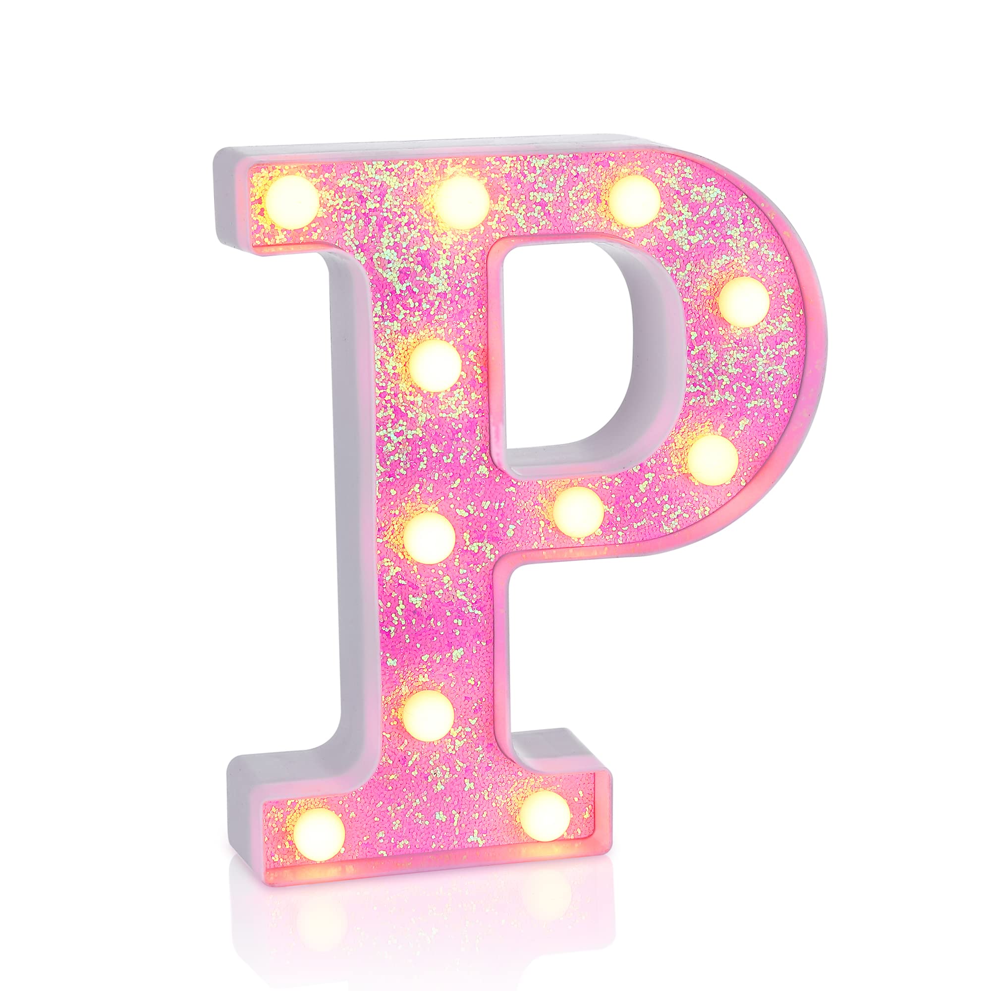 Foaky Pink Light up Letters，Pink Party Decorations,Girls Room Decor,Glitter Light Up Letters,Alphabet Letter Sign for Night Light Birthday Party Girls Gifts, Home Bar Decoration（P）