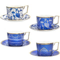ACMLIFE Bone China Tea Cups and Saucers Set of 4, 6.8 oz Blue and White Tea Cups Set of 4, with Gold Trim and Gift Box (Blue-4)