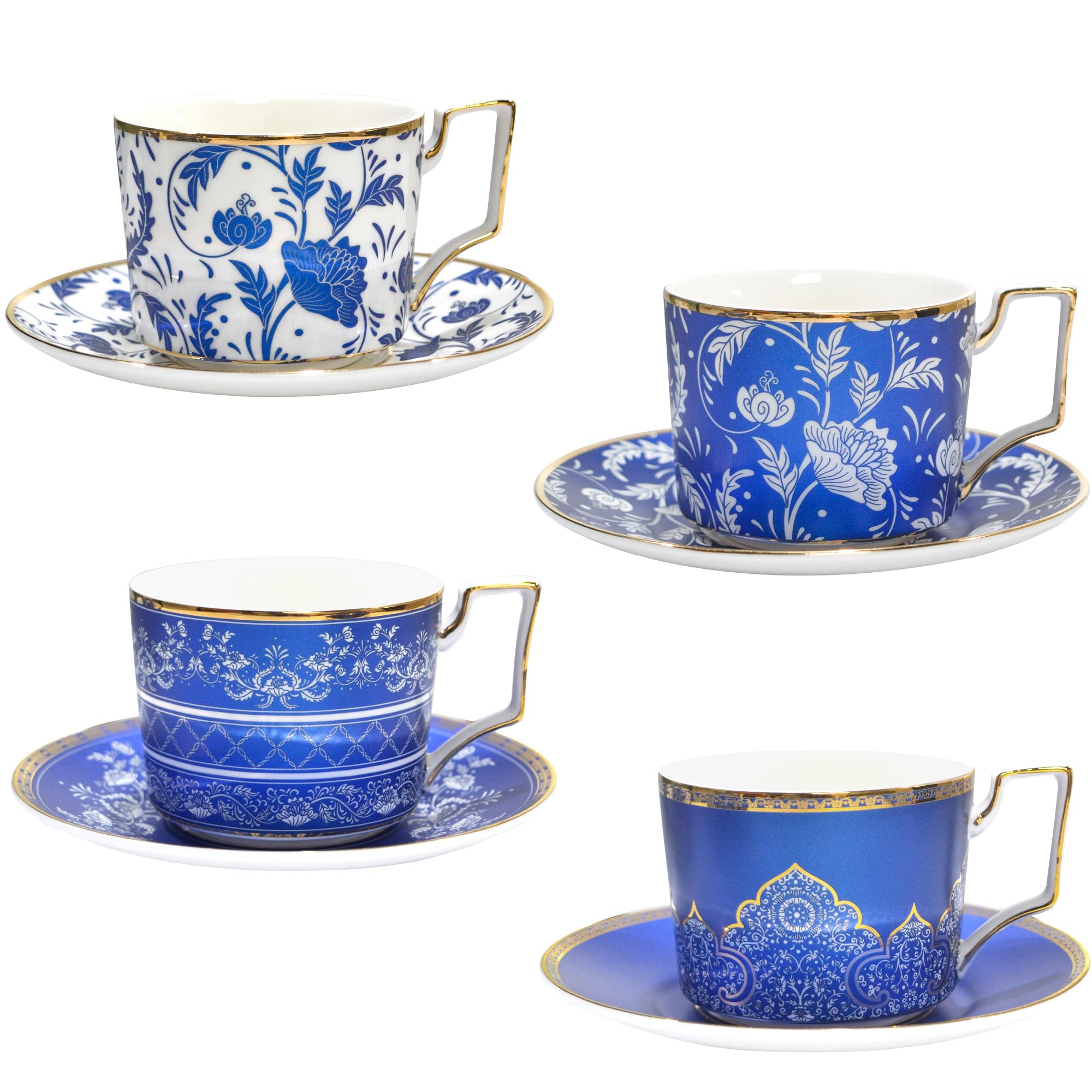 ACMLIFE Bone China Tea Cups and Saucers Set of 4, 6.8 oz Blue and White Tea Cups Set of 4, with Gold Trim and Gift Box (Blue-4)
