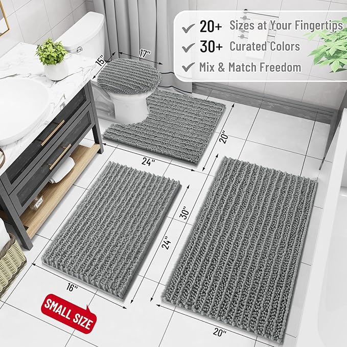Arotive Luxury Chenille Bathroom Rug Mat, Extra Soft Thick Absorbent Shaggy Bath Rugs, Non-Slip Machine Wash Dry, Plush Bath Mats for Bathroom, Shower and Tub, 40x24, Grey