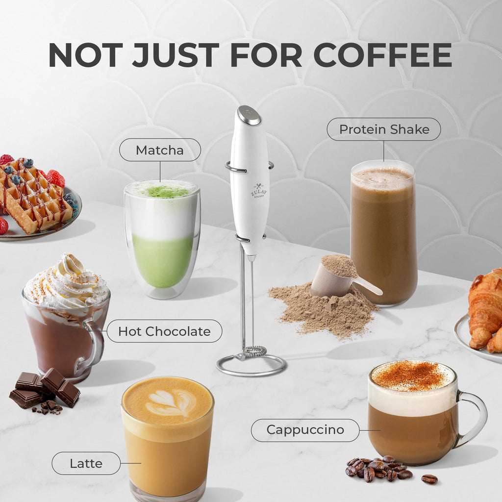 Zulay Kitchen Powerful Milk Frother Wand With Duracell Batteries - Ultra Fast Handheld Drink Mixer - Electric Whisk Foam Maker for Coffee, Lattes, Cappuccino & Matcha - Z1 Motor - Blizzard White
