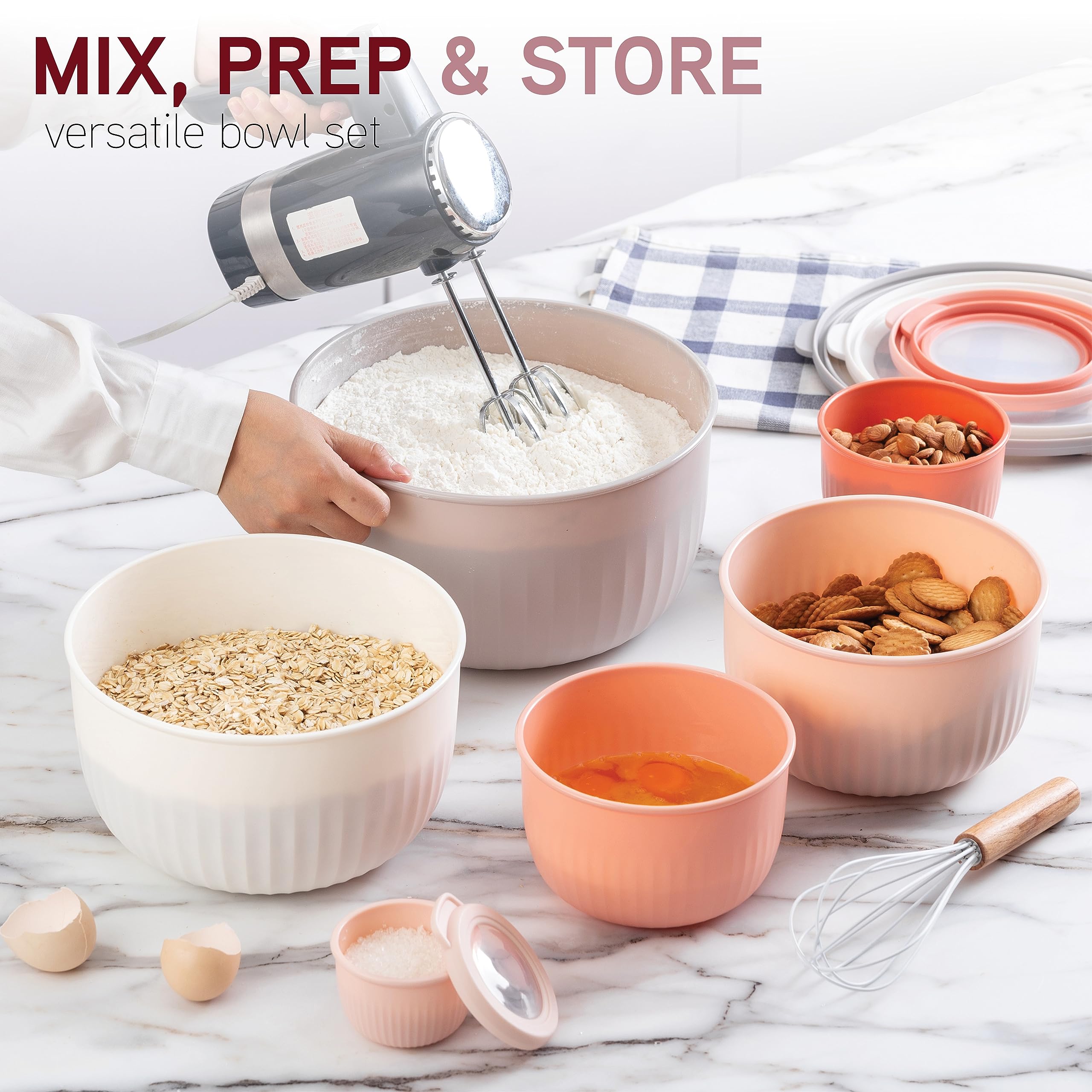 COOK WITH COLOR Prep Bowls with Lids- Wide and Deep Nesting Plastic Small Mixing Bowl Set with Lids, 12 Piece Set - Deep Bowls, Grey/Pink