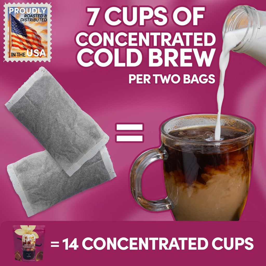 Sarasota Coffee 1905 Cold Brew Coffee Bags | Sweet Cream Jamaican Me Crazy | Blonde-Medium Roast | Smooth & Low Acid | Ground Filter Packs | Cold Brew Kit Makes 14 Cups | Creamy Vanilla & Caramel Notes
