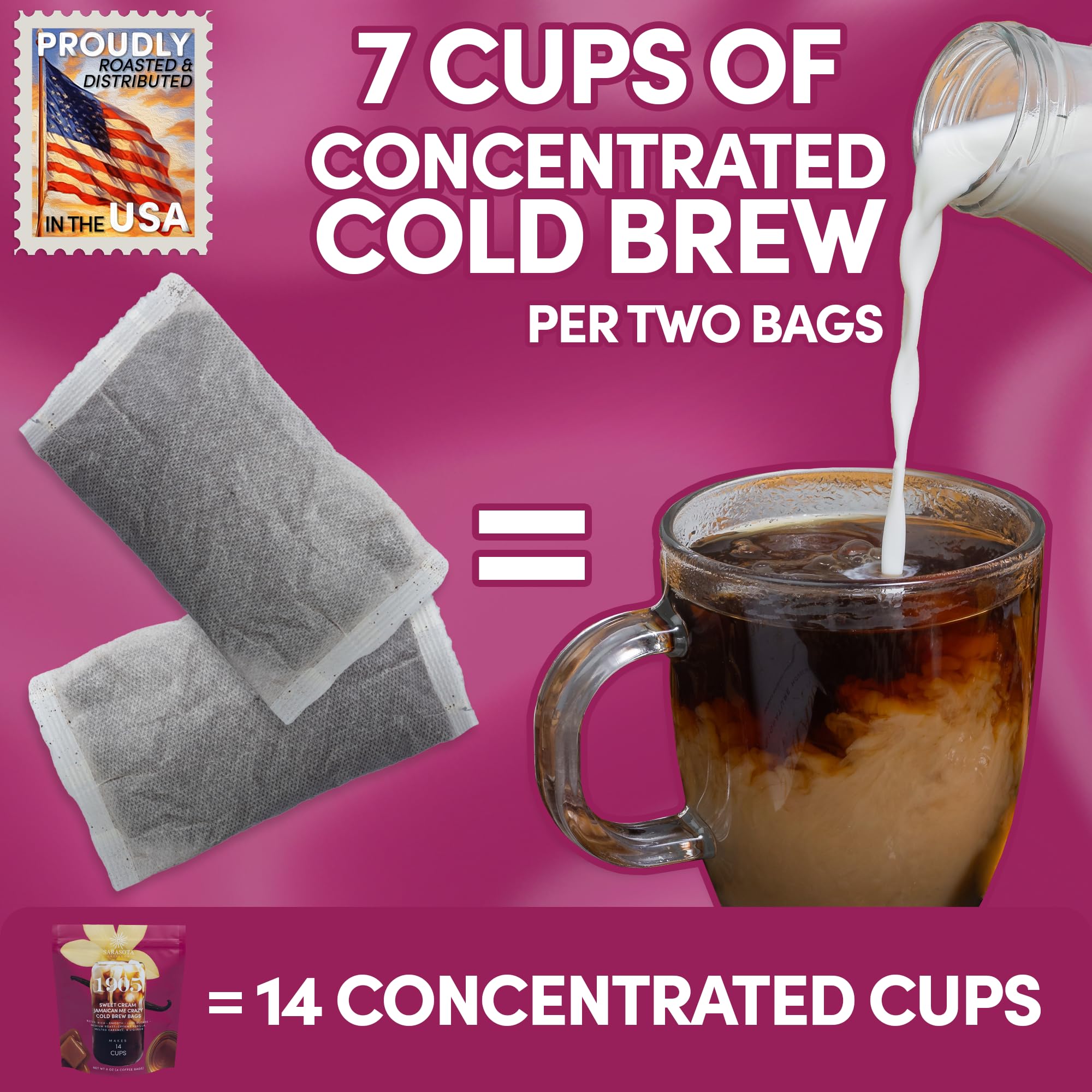Sarasota Coffee 1905 Cold Brew Coffee Bags | Sweet Cream Jamaican Me Crazy | Blonde-Medium Roast | Smooth & Low Acid | Ground Filter Packs | Cold Brew Kit Makes 14 Cups | Creamy Vanilla & Caramel Notes