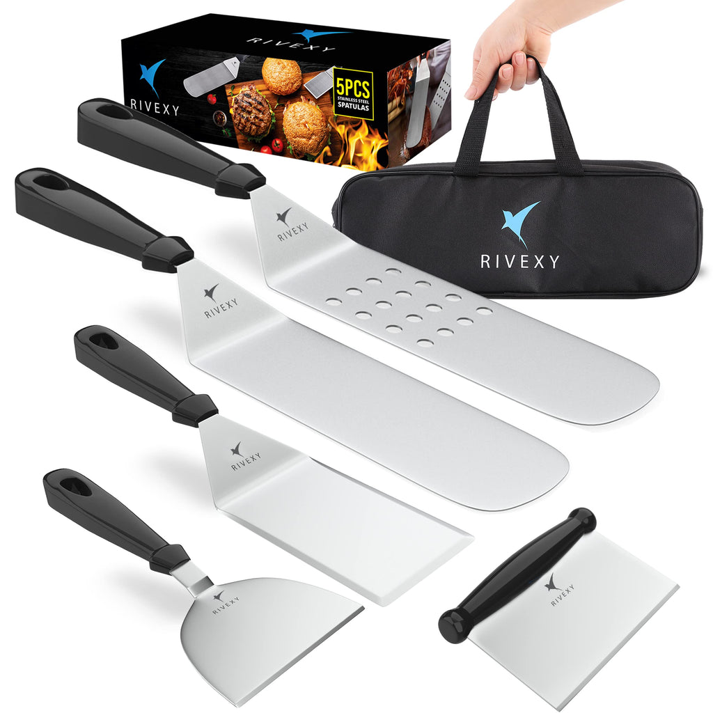 Rivexy 5-PCS Premium Griddle Accessories Kit, Ultimate Stainless Steel Flat Top Grill Accessories for Blackstone BBQ, Teppanyaki, Hibachi – Durable Griddle Spatula, Ideal for Outdoor & Camping