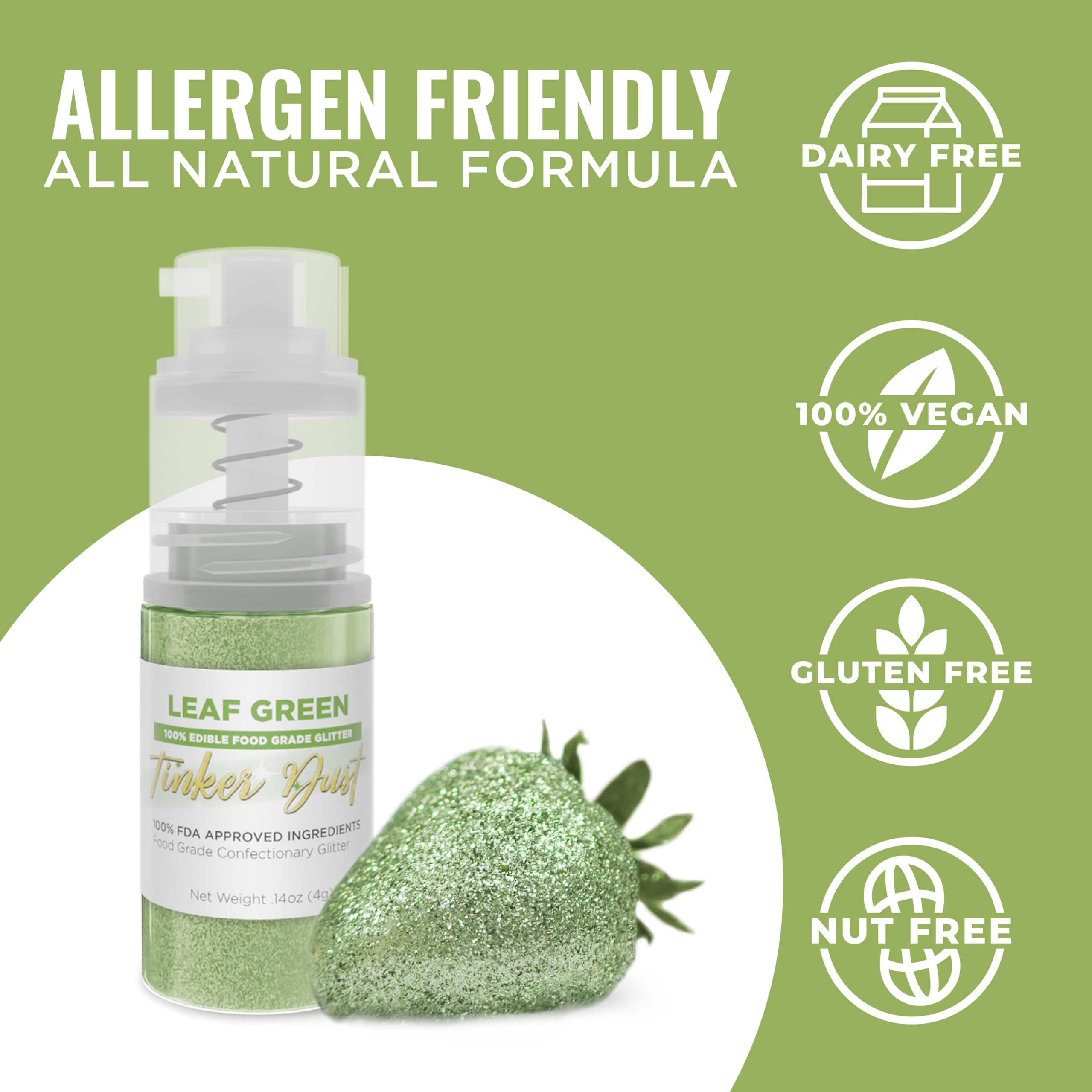 Bakell - Leaf Green Tinker Dust (4g, 1x Mini Spray Pump) Edible Glitter for Food, Desserts, and Baked goods!