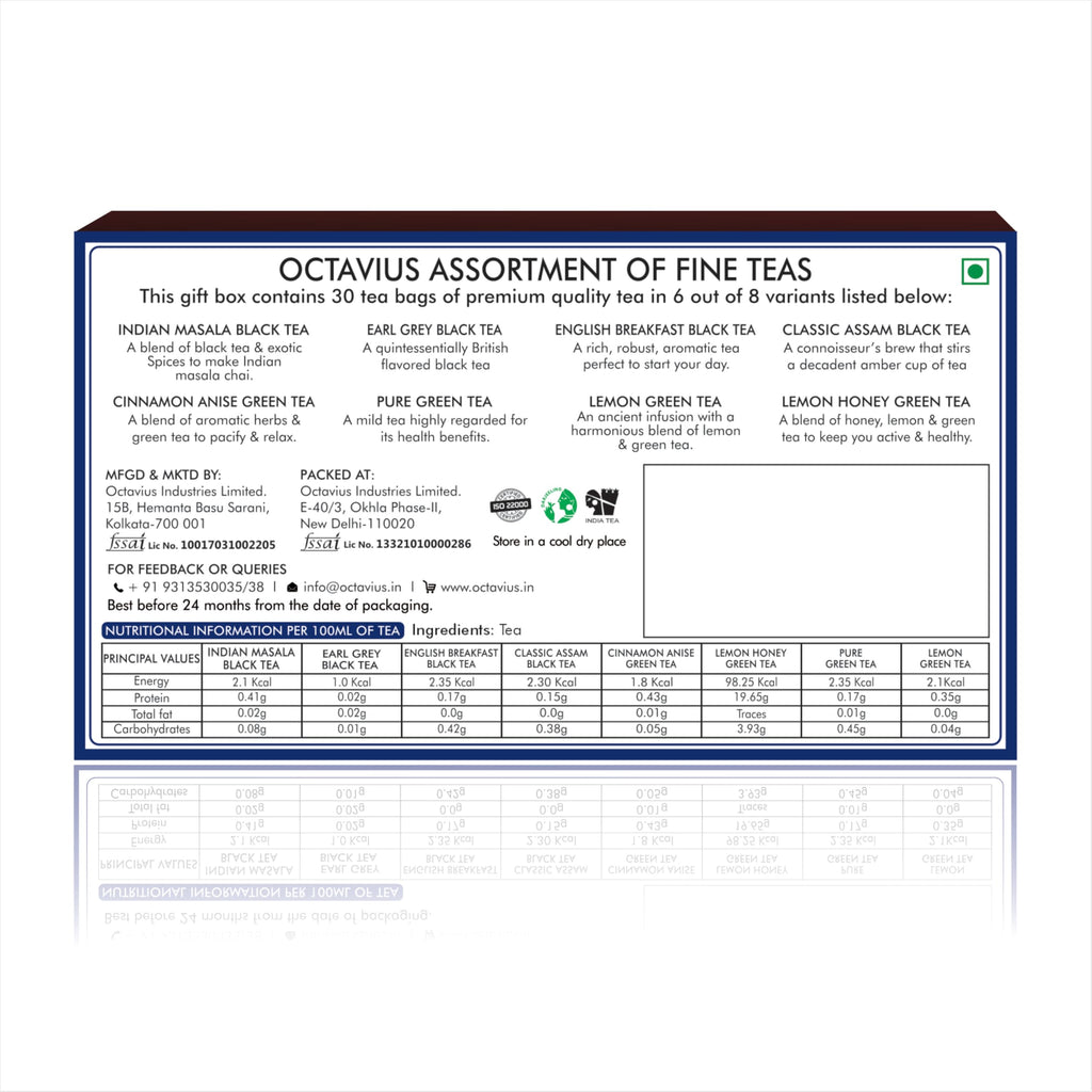 Octavius | Tile Motif Wooden Caddy Tea Sampler Pack | Assortment of 3 Black & 3 Green Teas | 30 Enveloped Double Chamber Tea Bags | Tea Sampler Variety Pack | Perfect for Tea Lovers | Pack of 1