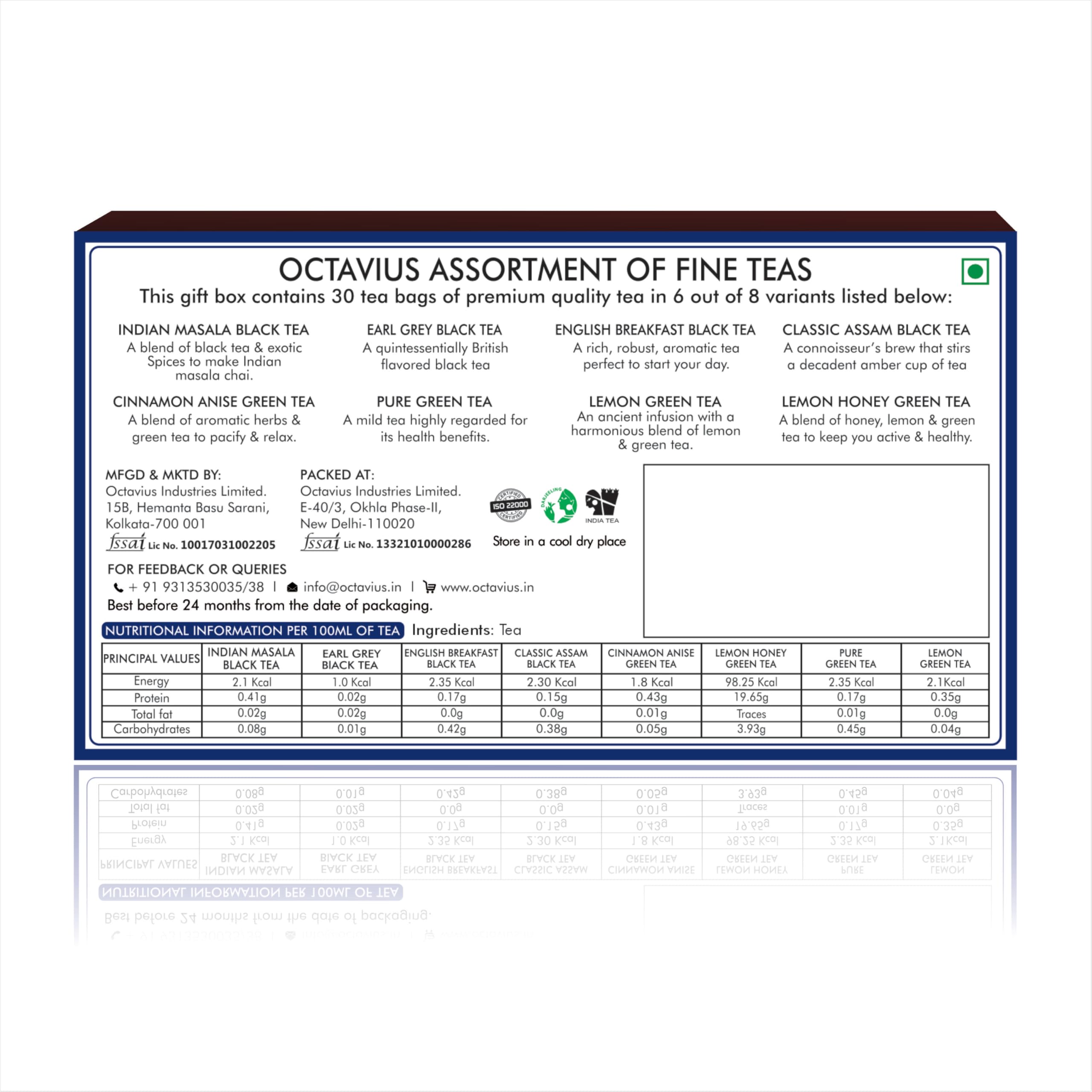 Octavius | Tile Motif Wooden Caddy Tea Sampler Pack | Assortment of 3 Black & 3 Green Teas | 30 Enveloped Double Chamber Tea Bags | Tea Sampler Variety Pack | Perfect for Tea Lovers | Pack of 1