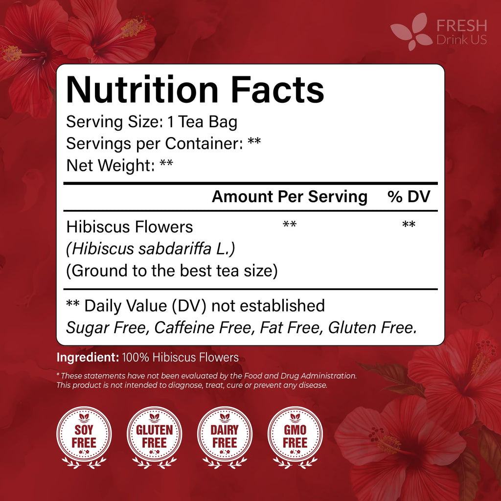 FRESHDRINKUS 60 Hibiscus Flowers Tea Bags, 100% Natural, Pure from Hibiscus Flowers. Loose Flower Hibiscus Herbal Tea. Hibiscus Flower Tea. No Sugar, No Caffeine, No Gluten, Vegan.