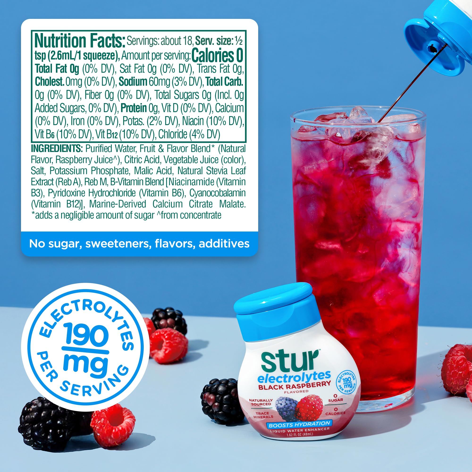 Stur Electrolyte Water Enhancer | Sweetened with Stevia | High in Antioxidant Vitamin C | Sugar Free | Zero Calories | Keto | Vegan | 5 Bottles, Makes 90 Drinks (Black Raspberry)