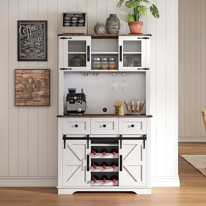 Coffee Bar Cabinet with Sliding Barn Doors 71'' Farmhouse White Pantry Cabinet with Drawers & Wine Glass Rack Rustic Buffet Cabinet for Kitchen, Brown
