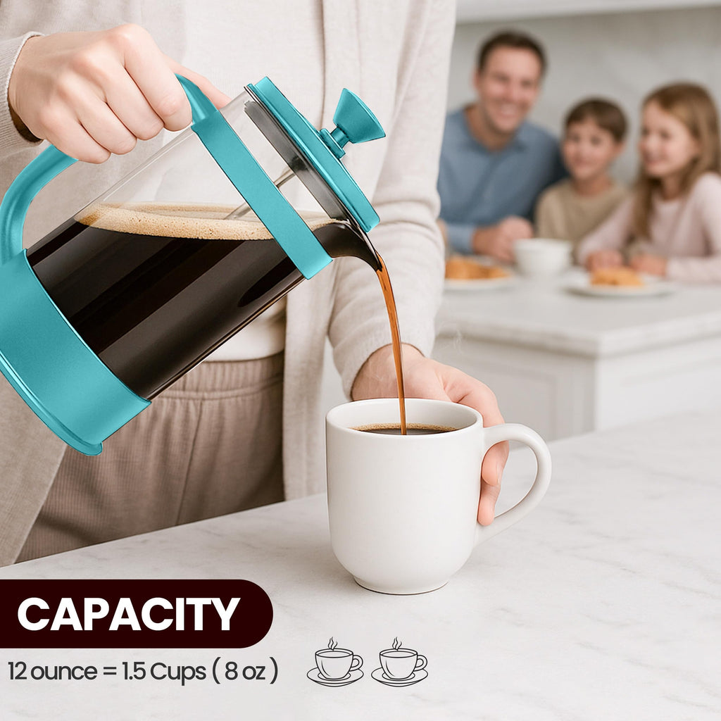 Utopia Kitchen 12 oz Glass French Press, French Press Coffee Maker, Tea Press, Triple-Layer Filter for Smooth Brew, Heat-Resistant Borosilicate Glass, Stainless Steel Plunger, Aqua