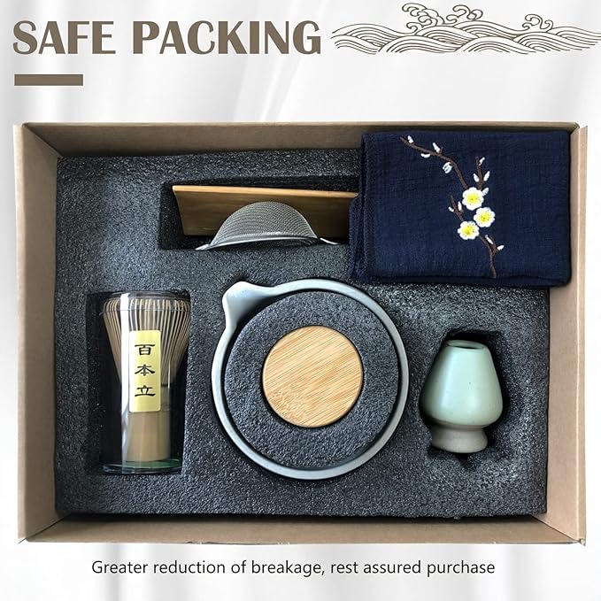 Artcome Japanese Matcha Tea Set, Bowl with Pouring Spout, Whisk, Tea Scoop, Ceramic Whisk Holder, Matcha Powder Caddy, Handmade Matcha Ceremony Kit For Japanese Tea Ceremony (9Pcs)