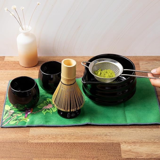 Marce Matcha Whisk Set- Matcha Set includes Matcha Whisk and Bowl (Bowl with Spout), Sifter, Holder and Scoop- The Perfect Bamboo Whisk for Matcha Tea (Black- 7PC)