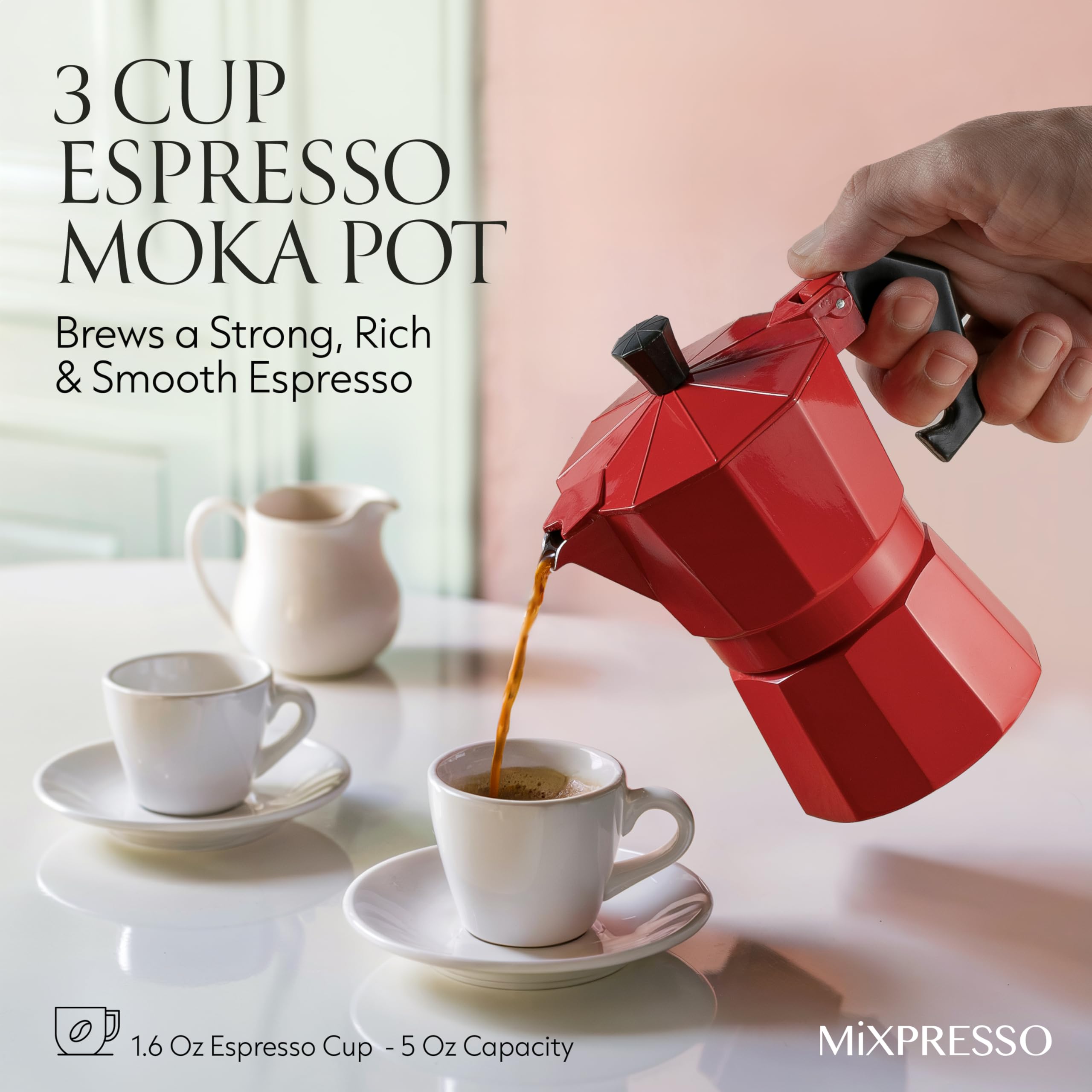 Mixpresso 3 Cup Moka Pot Stovetop Espresso Maker, Italian Cuban Coffee Pot