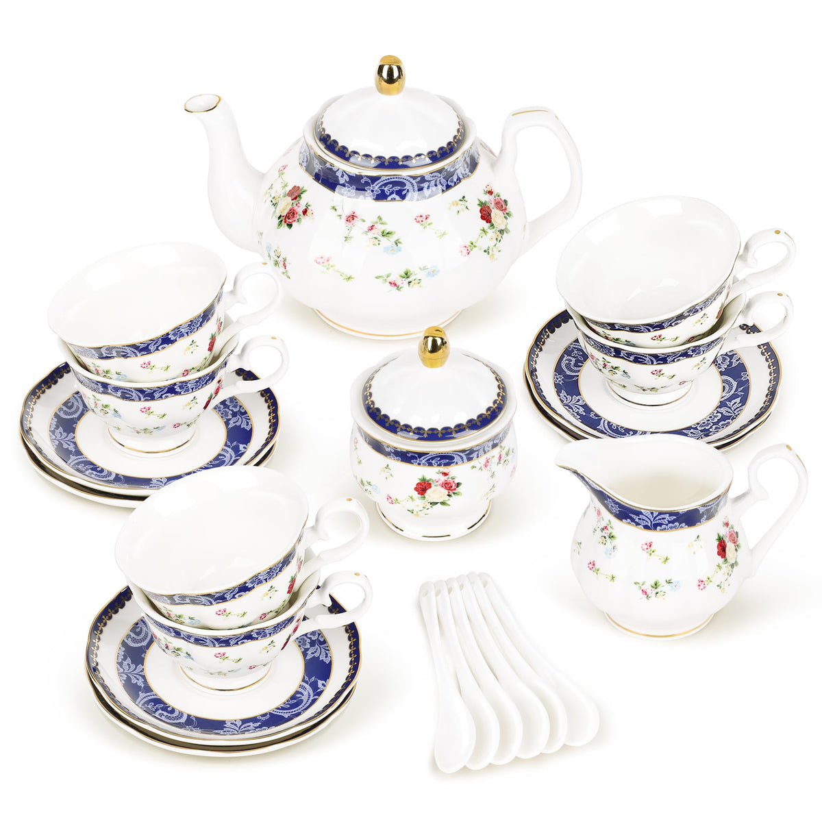 fanquare 21-Piece Blue Lace and Roses Bone China Tea Sets for Adults
