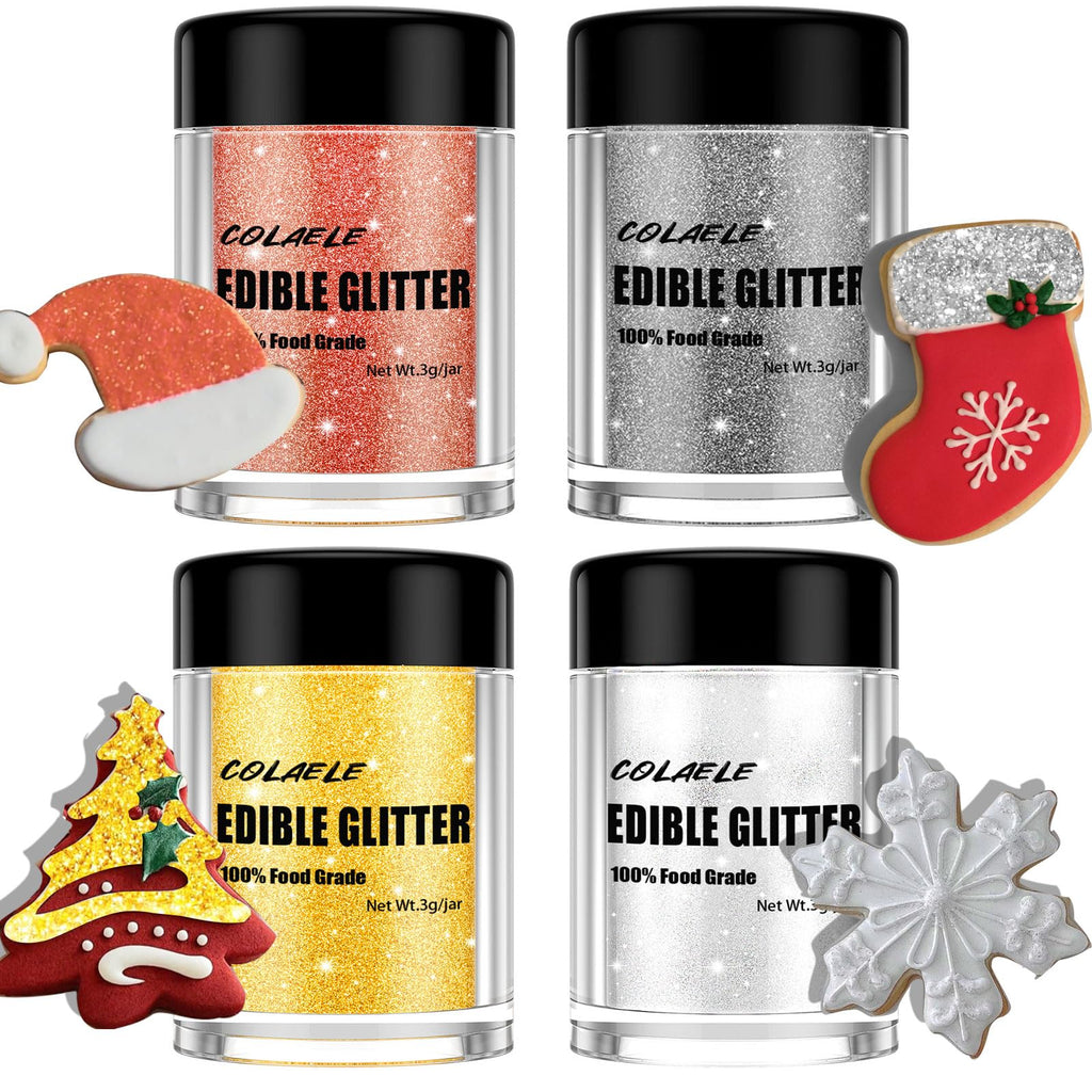 Edible Glitter for Drinks Cakes Christmas Set - Colaele 4 Colors Shimmering Luster Dust Disco Glitter Food Grade Metallic Food Coloring Glimmer for Strawberries, Chocolates, Fondant, Pops, Vegan