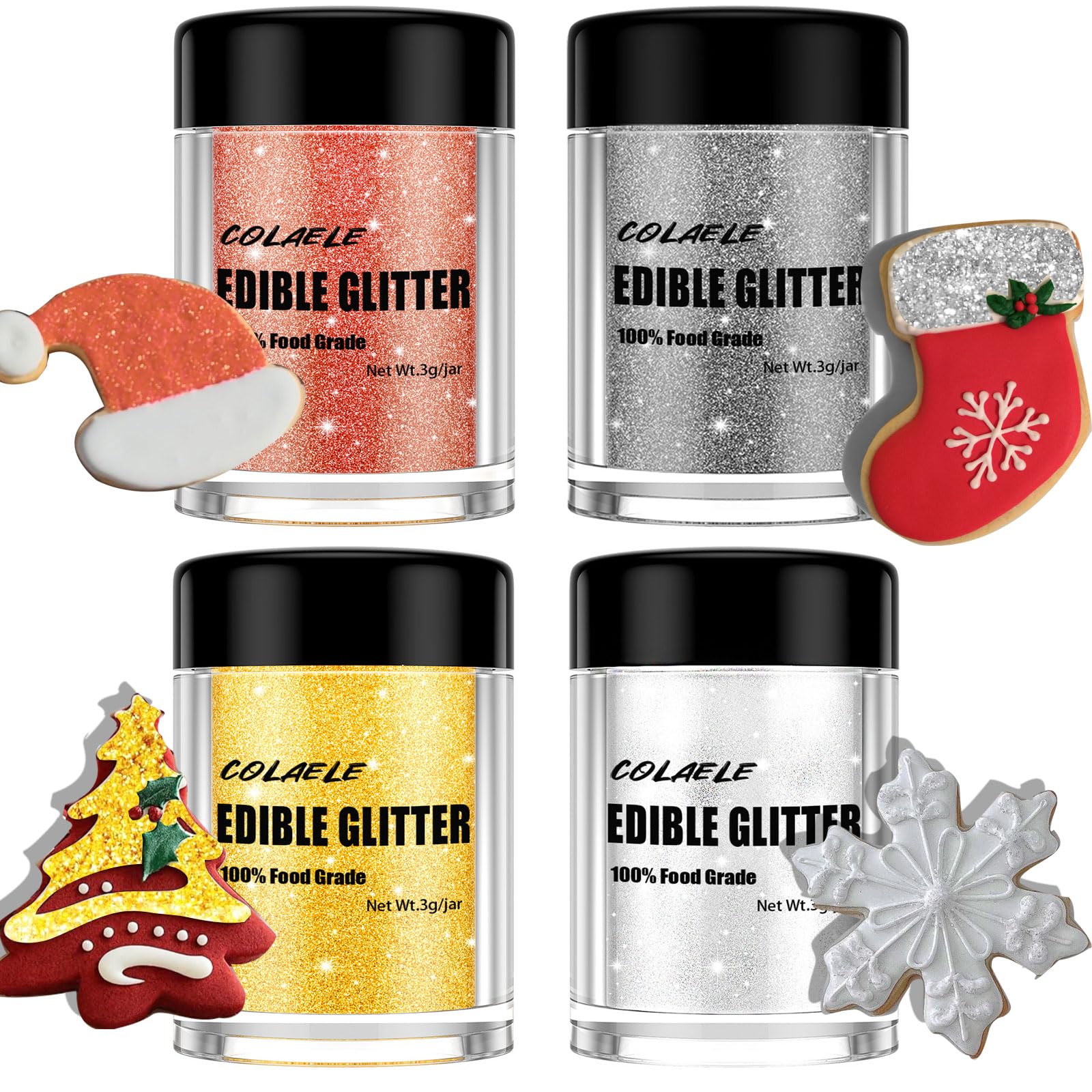 Edible Glitter for Drinks Cakes Christmas Set - Colaele 4 Colors Shimmering Luster Dust Disco Glitter Food Grade Metallic Food Coloring Glimmer for Strawberries, Chocolates, Fondant, Pops, Vegan