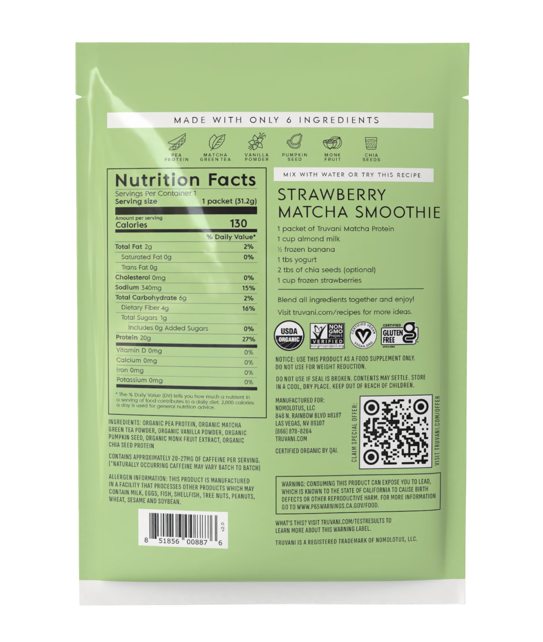 Truvani Organic Plant Based Protein Powder | Matcha | 1 Serving