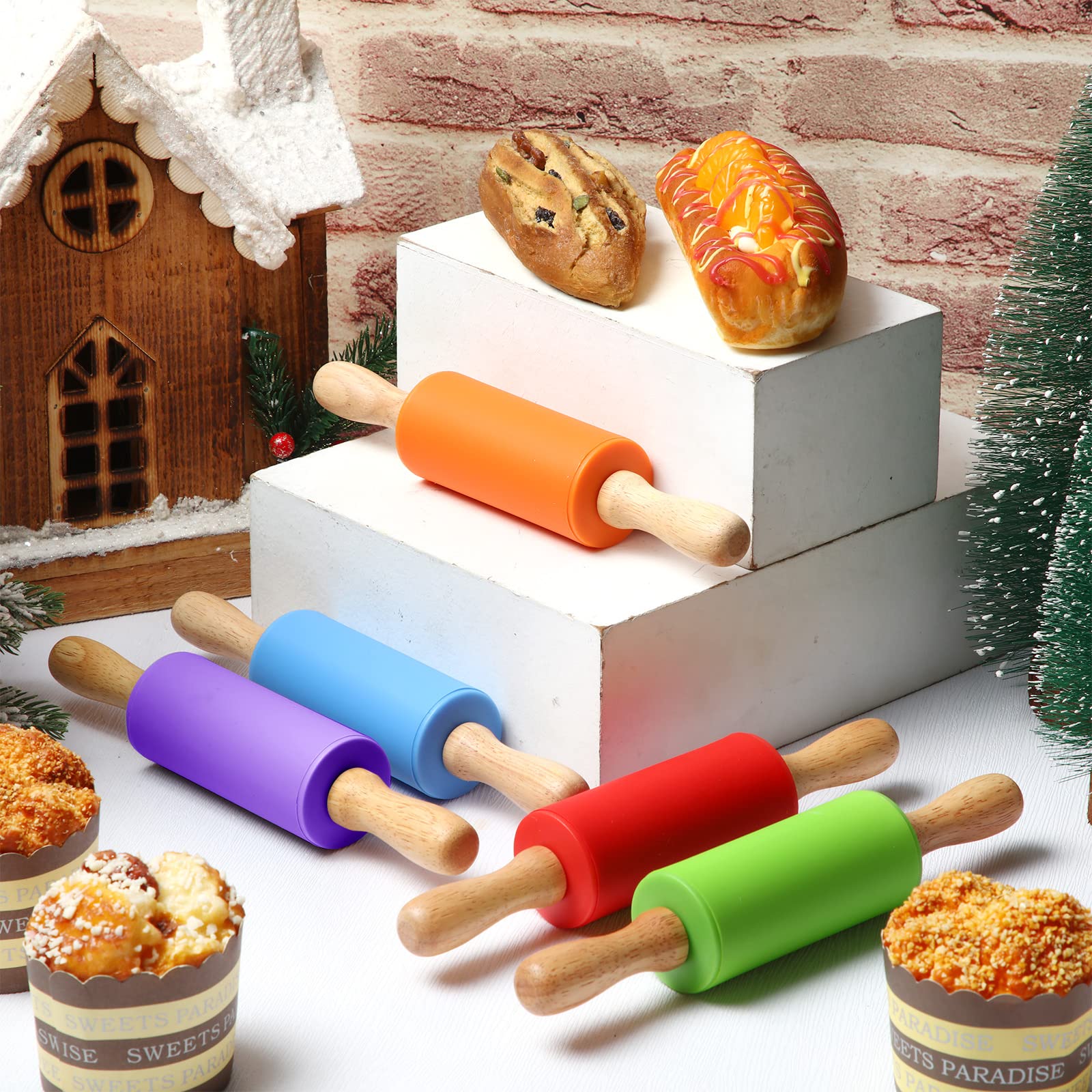 Thenshop 10 Pcs 9 Inch Mini Rolling Pins Kids with Wooden Handle