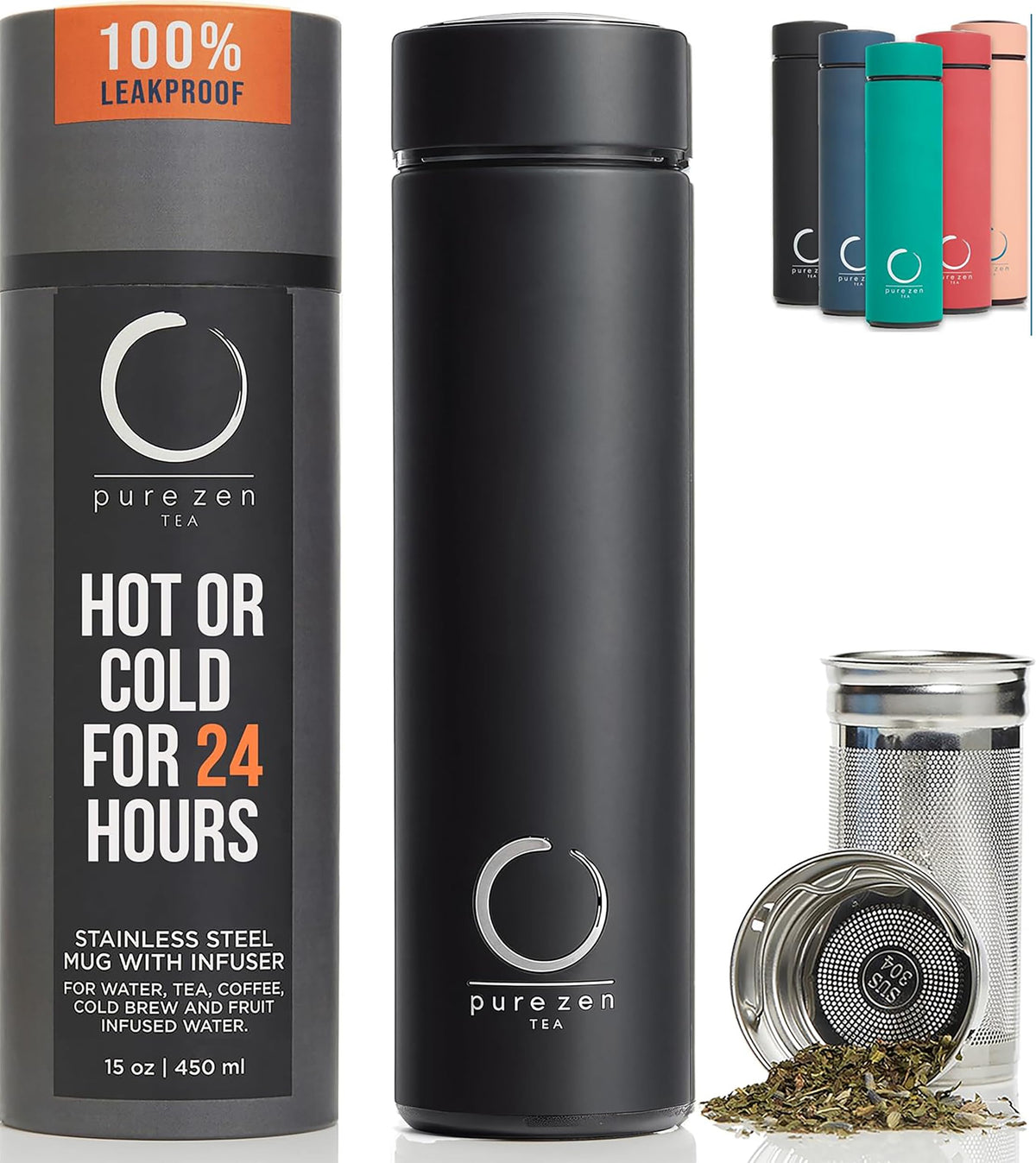 Pure Zen Tea Insulated Tea Infuser Bottle, 15 oz, Tea Thermos with Infuser