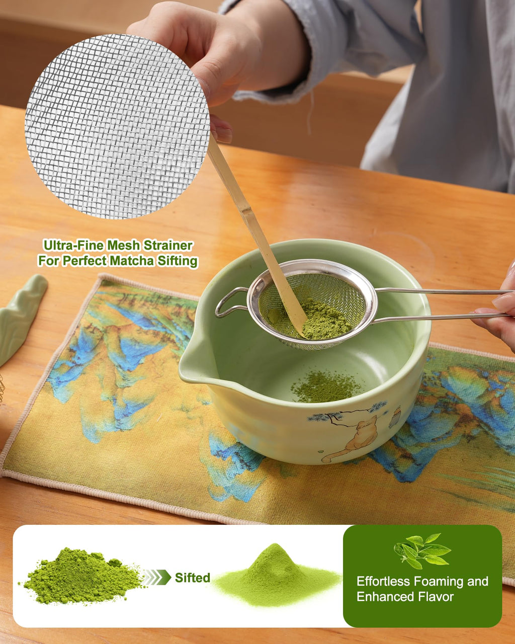Matcha Whisk Set, Ceramic Matcha Set Includes Matcha Bowl, Matcha Whisk and Holder, Bamboo Scoop, Scoop Rest, Sifter and Tea Towel - 7 Pcs Matcha Kit(Green)