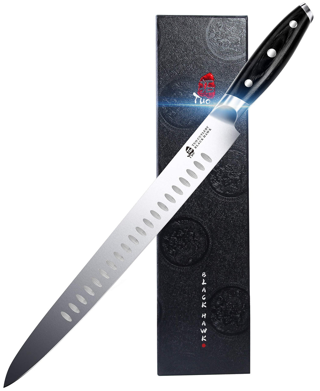 TUO Carving Knife - 12 Inch Brisket Slicing Knife for Grilled Meat and Bacon - High Carbon German Steel - Pakkawood Handle with Gift Box - BLACK HAWK SERIES