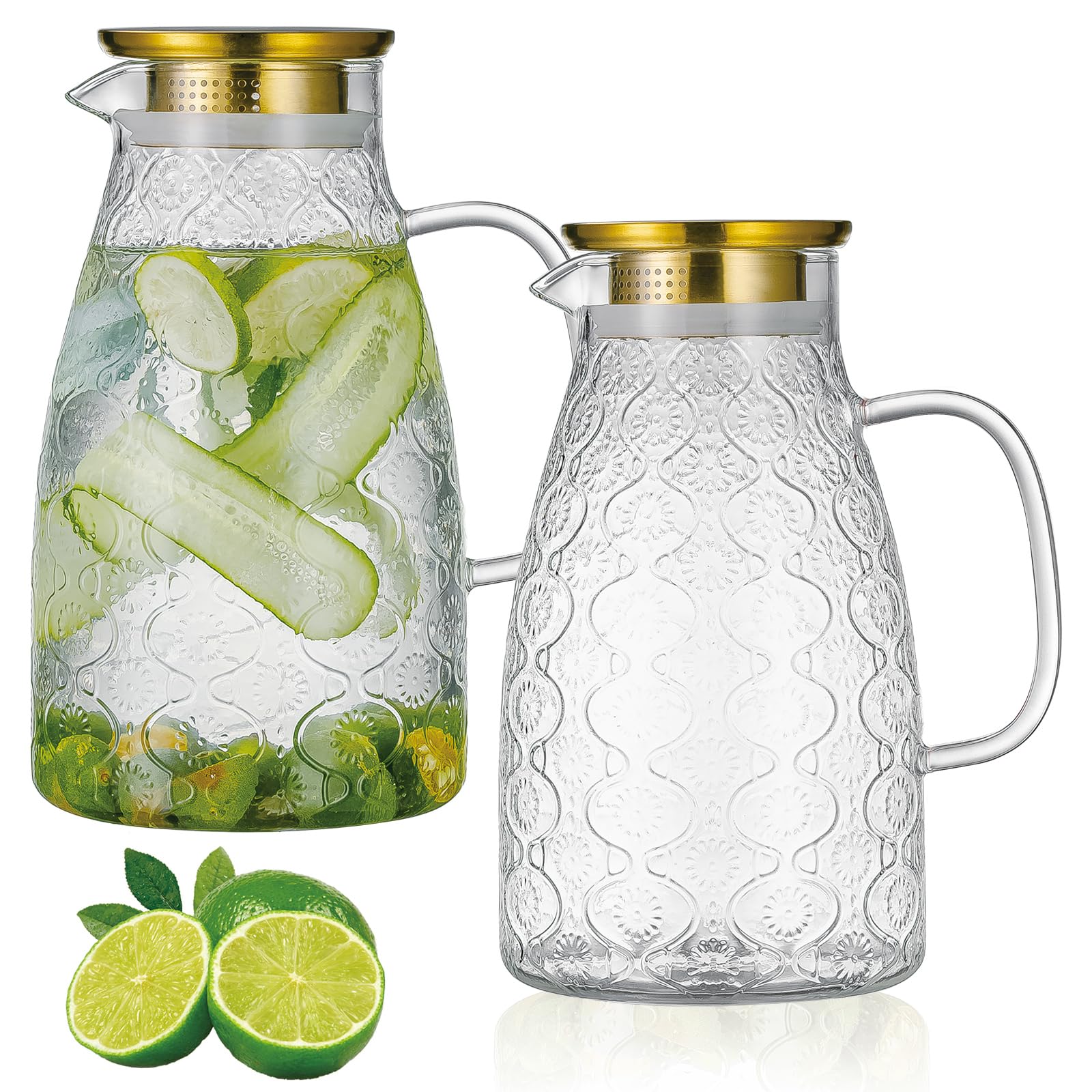 Buaic Glass Pitcher with Lid, 2 PACK 68 oz/2 Liter Vintage Water Pitcher